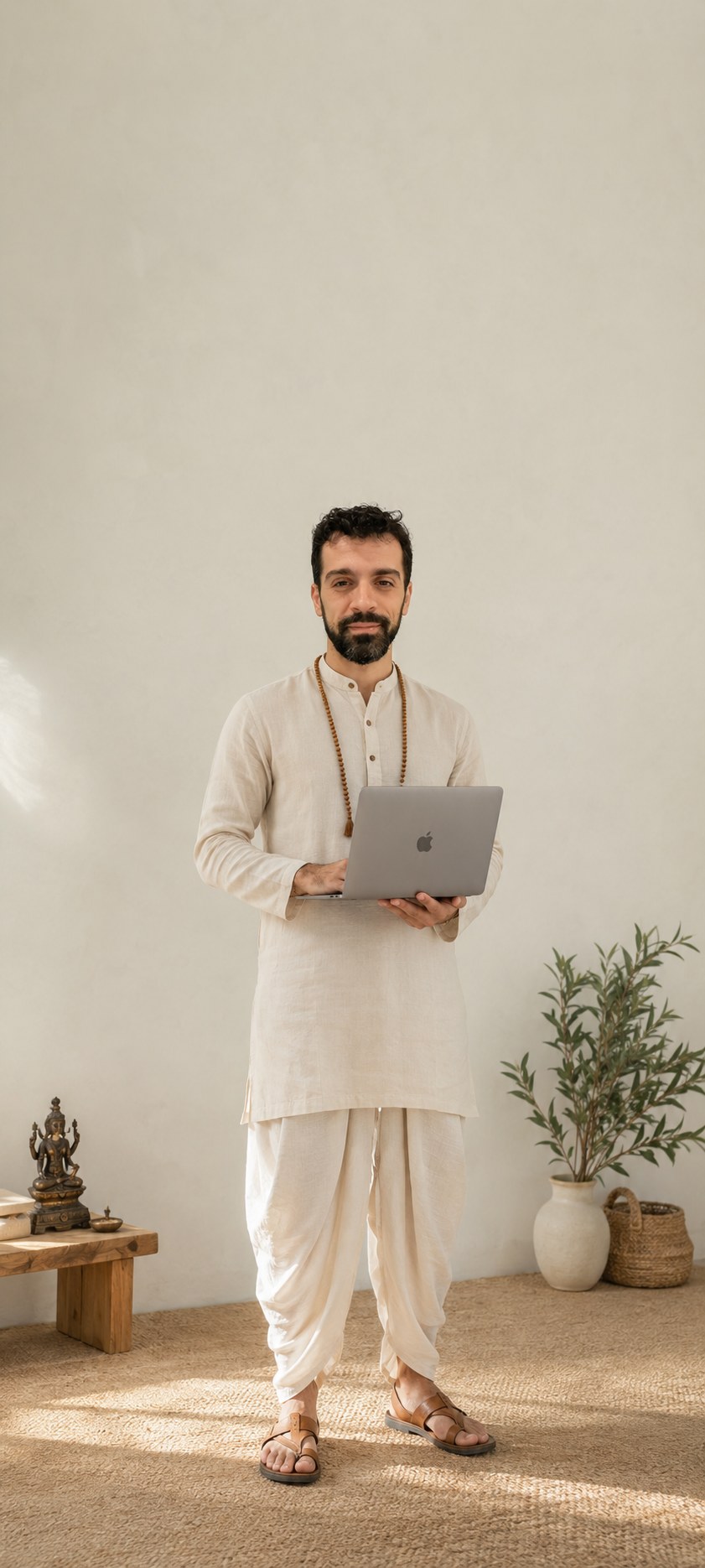 Rodrigo em pé, de roupa clara, segurando o notebook aberto para a aula online