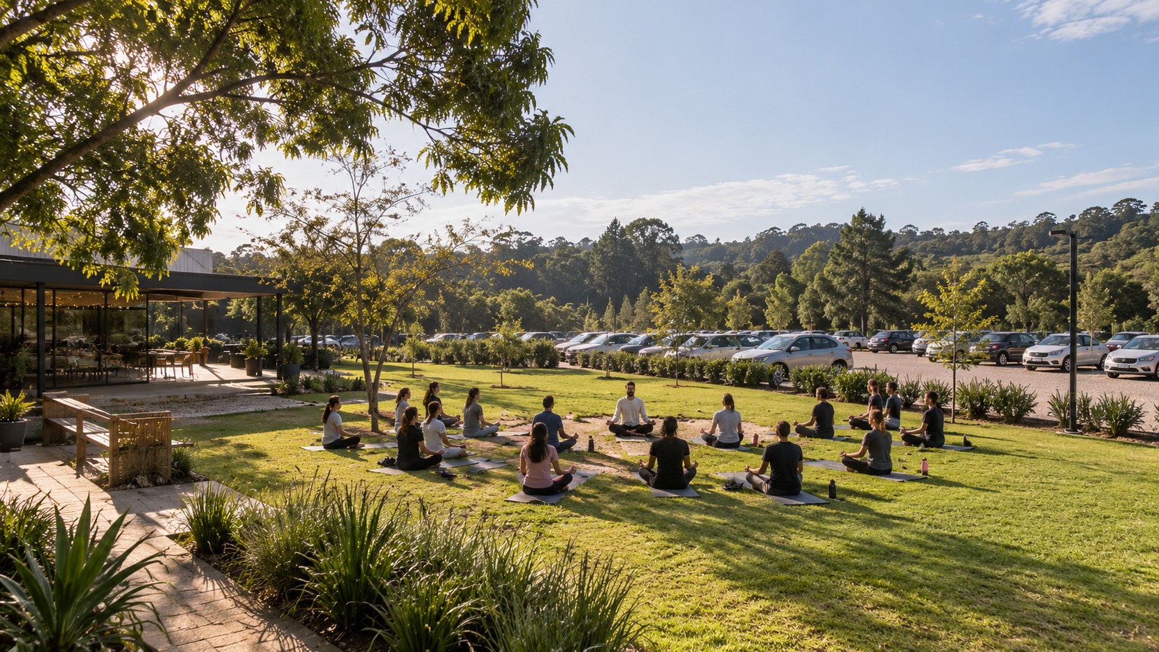 Turma de funcionários praticando Yoga no gramado da empresa, ao ar livre