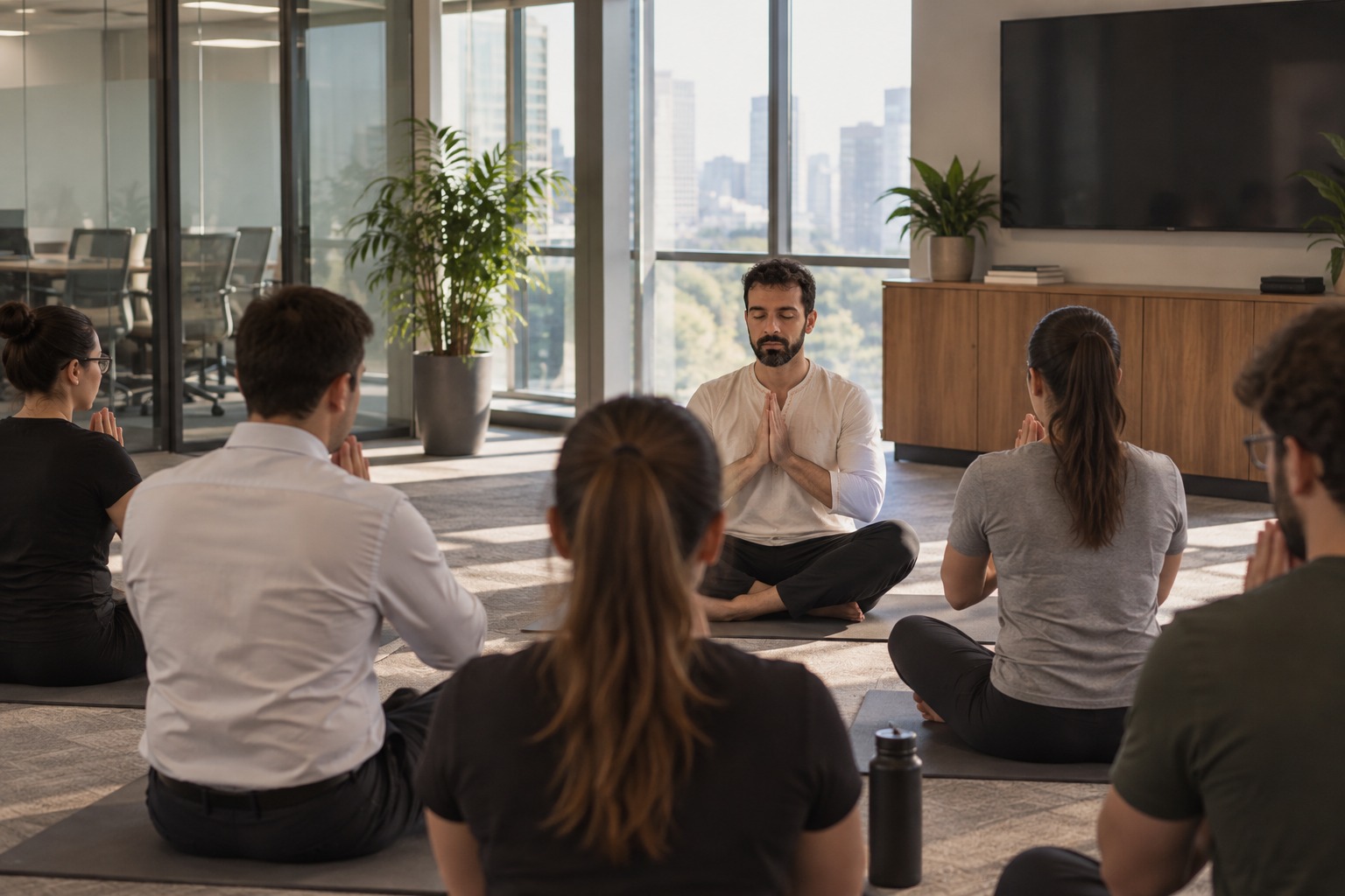 Turma de funcionários praticando Yoga numa sala de reunião, com a cidade pela janela