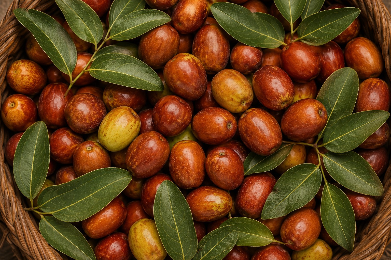 Cesta de bor, o fruto da jujuba, com frutos verdes, amarelos e vermelhos lado a lado
