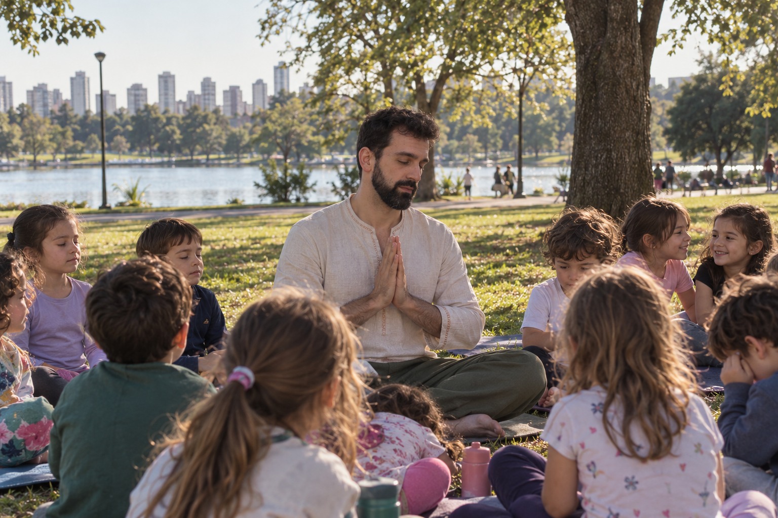 Roda de crianças no Parque Barigui, com o lago e a cidade ao fundo