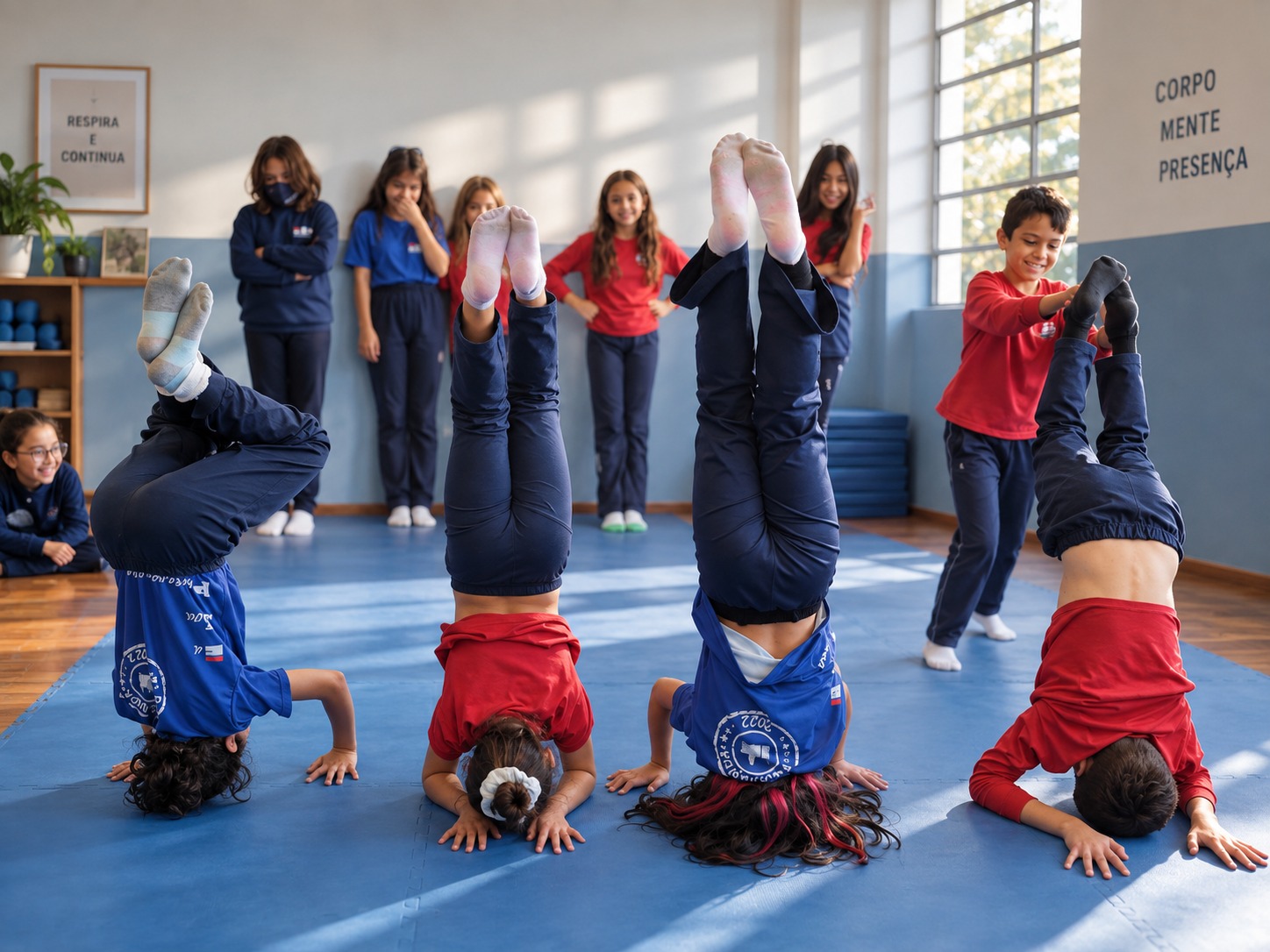 Crianças de uniforme em parada de cabeça, no ginásio da escola