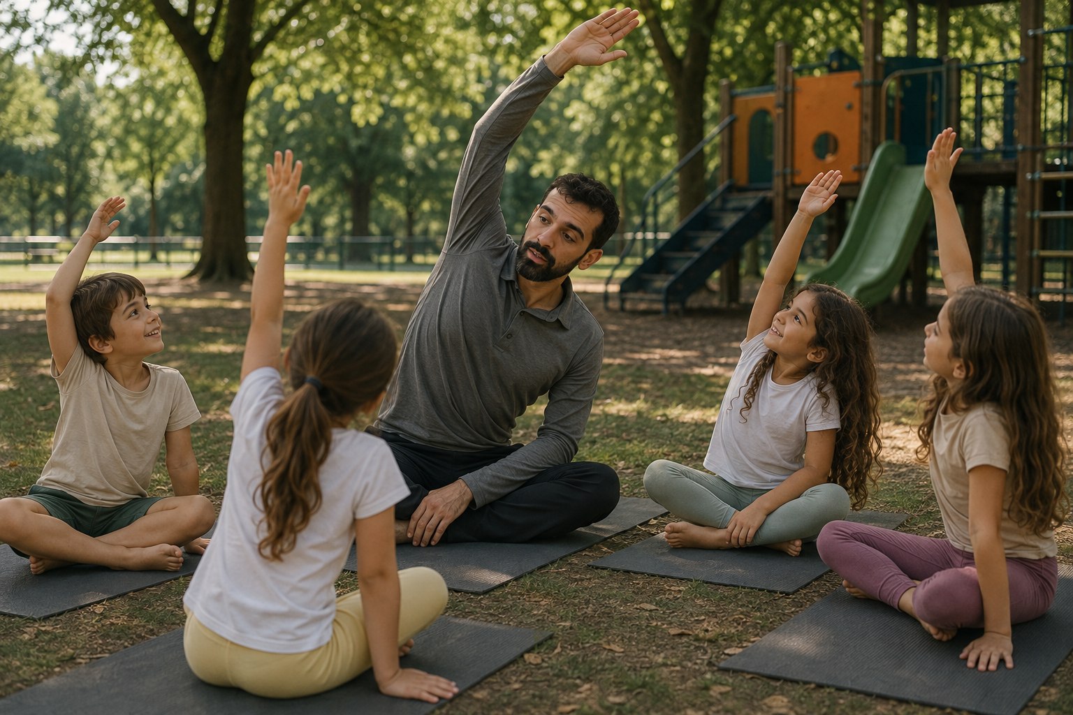 Aula de Yoga com crianças no parque, tapetes na grama