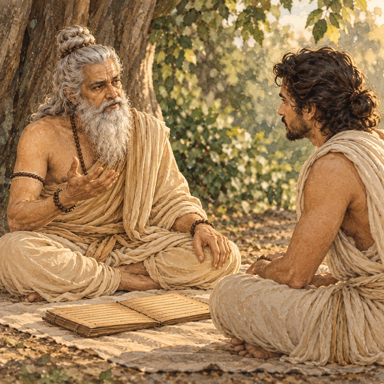 Ilustração de um mestre idoso conversando com um aluno adulto, sentados frente a frente com um manuscrito aberto entre os dois