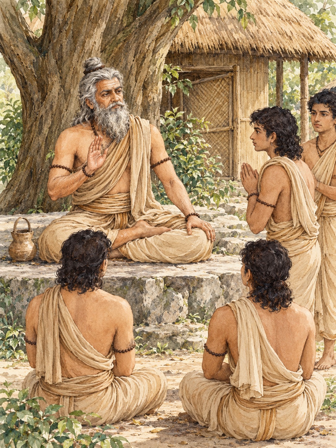 Ilustração de um mestre idoso ensinando discípulos sentados, sob uma árvore, à porta de uma cabana