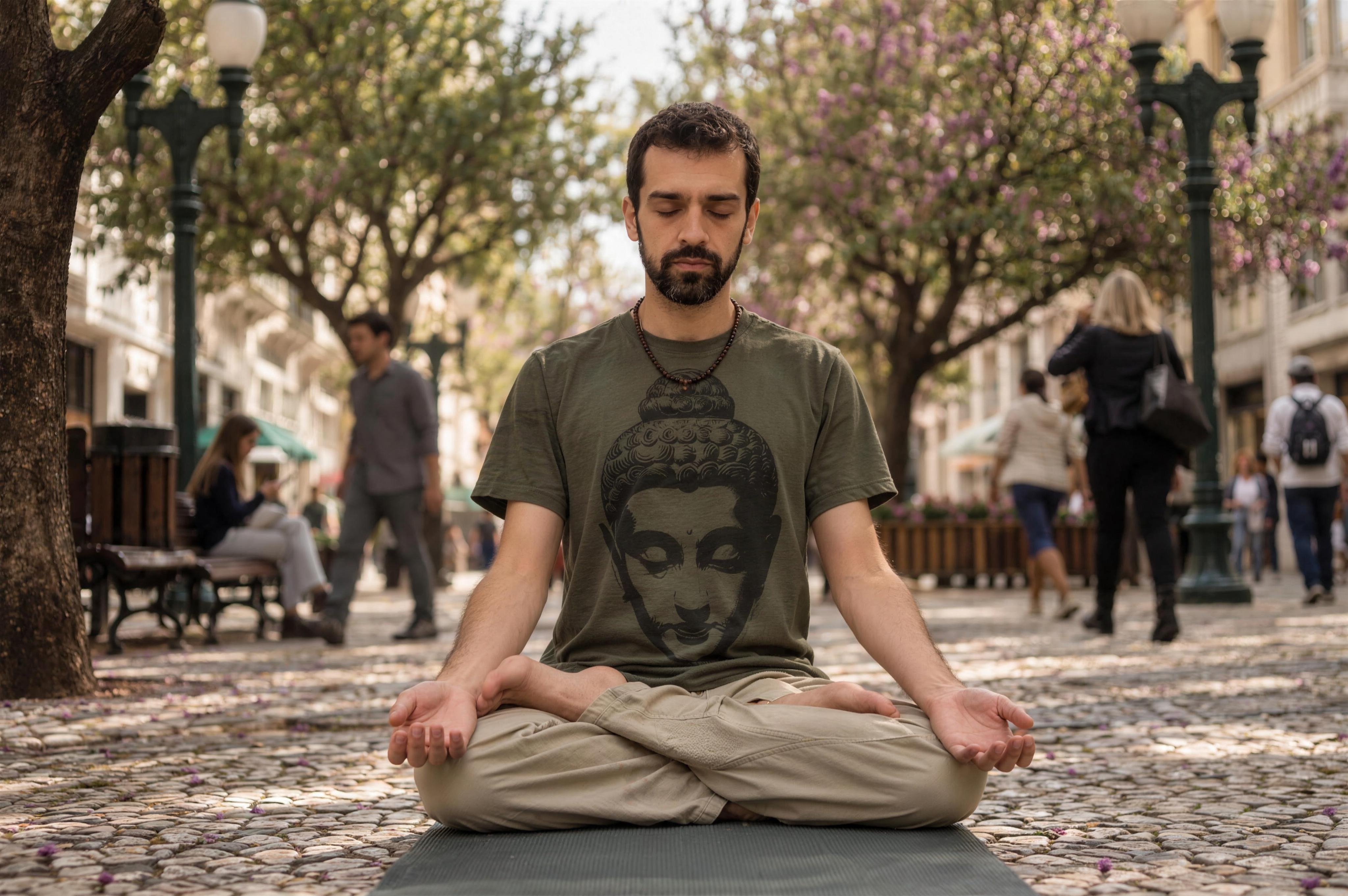 Rodrigo meditando no calçadão da Rua XV, entre as árvores floridas